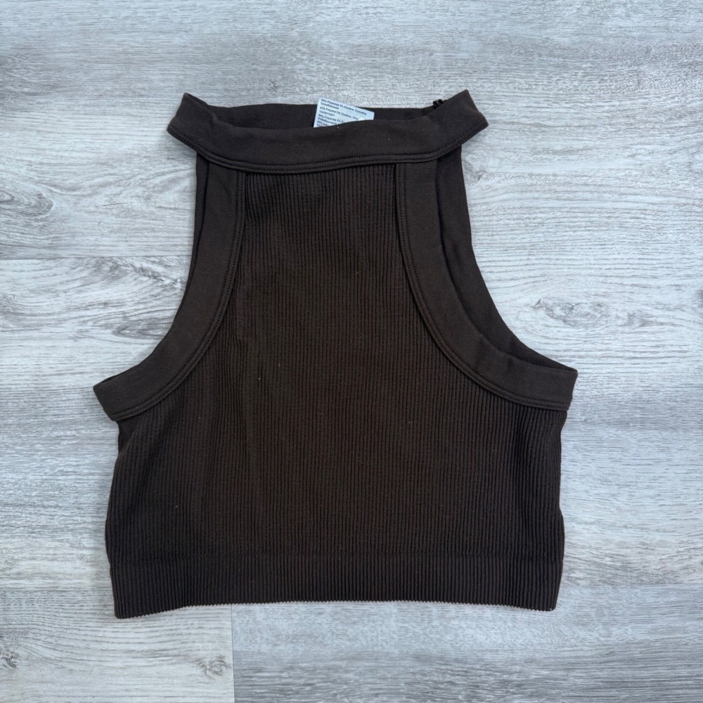 Cotton On Womens Brown Ribbed‎ High Neck Seamless Tank Top Crop Top M/L 2054140